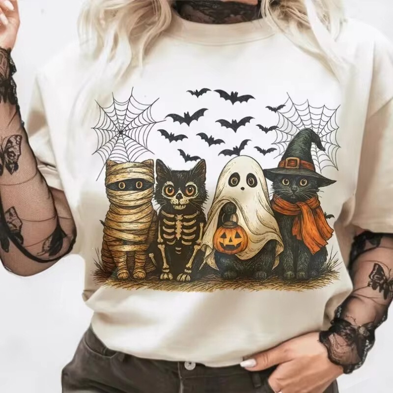 European size cotton T-shirt with cute ghost cat Halloween print, white women's t-shirt, funny 90s fashion European size cotton T-shirt with cute ghost cat Halloween print, white women's t-shirt, funny 90s fashion
