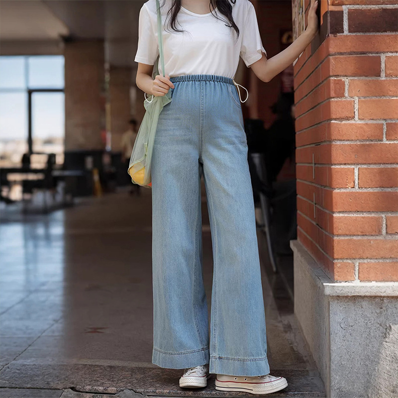 Maternity Pants Summer Thin Loose Drawstring Wide-Leg Jeans Casual Light-Colored Petite Straight-Leg Cropped Pants