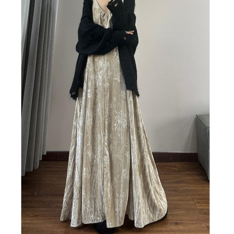 Loose Velvet Printed Slip Dress with Drapey Feel, Sleeveless Tank Dress for Women, Extra Long to Ankle Length