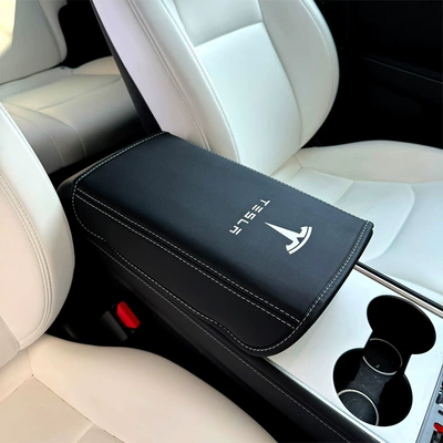 Suitable for Tesla's new Model 3/Y armrest box protective cover, Amazon leather car central armrest pad (Armrest box pad) - tesla-silk-printed-model-black-with-white-lines
