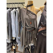 现货2025秋荡领挂脖露肩褶皱收腰长袖不规则连衣裙T恤裙配腰带