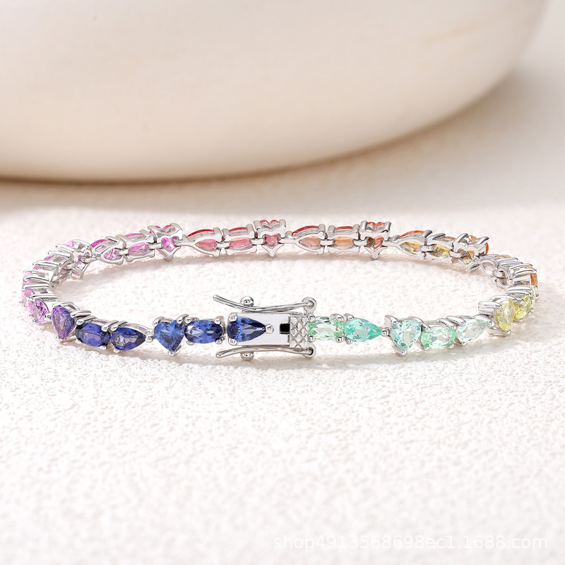 European and American Hip-Hop Rainbow Gradient 925 Sterling Silver Cultured Sapphire Irregular-Shaped Women's Heart-Shaped Tennis Bracelet