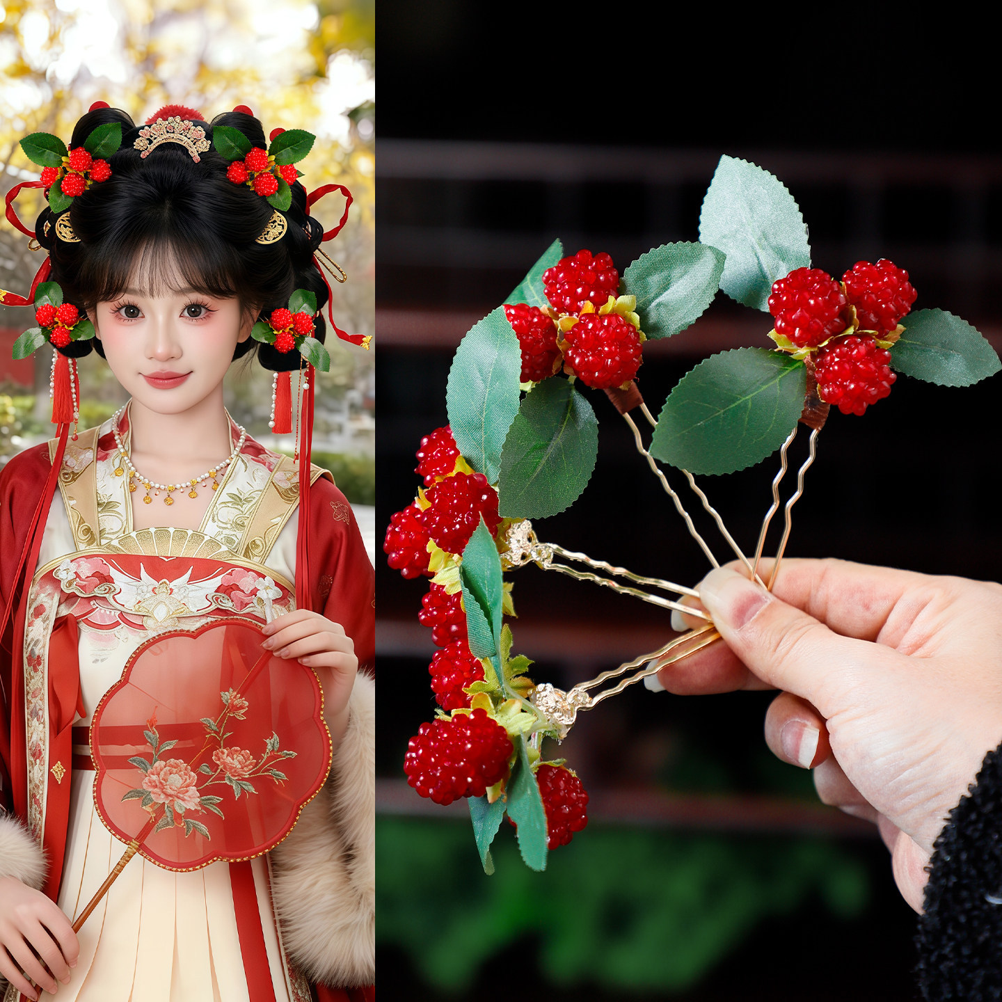 汉服古装气质简约复古头饰红色仿真浆果发钗秀禾点缀百搭古典发饰