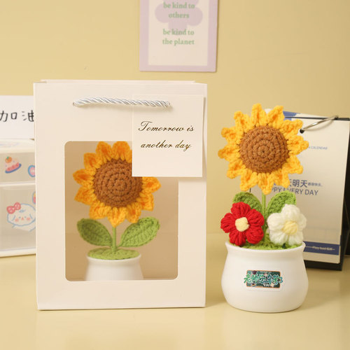 Teacher's Day Gift for Female Teachers - Knitted Sunflower Plant Pot Artificial Flower Desk Ornament for Study Room