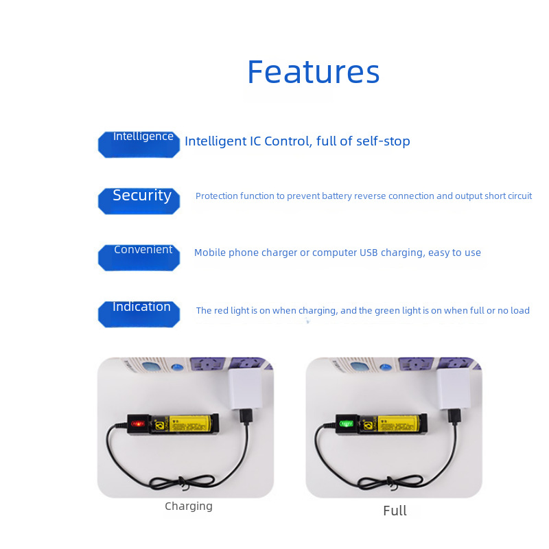 Universal USB Charger 3.7V Single Charge Battery Charger Compatible with 16340, 14500, 18650, 26650 Flashlights