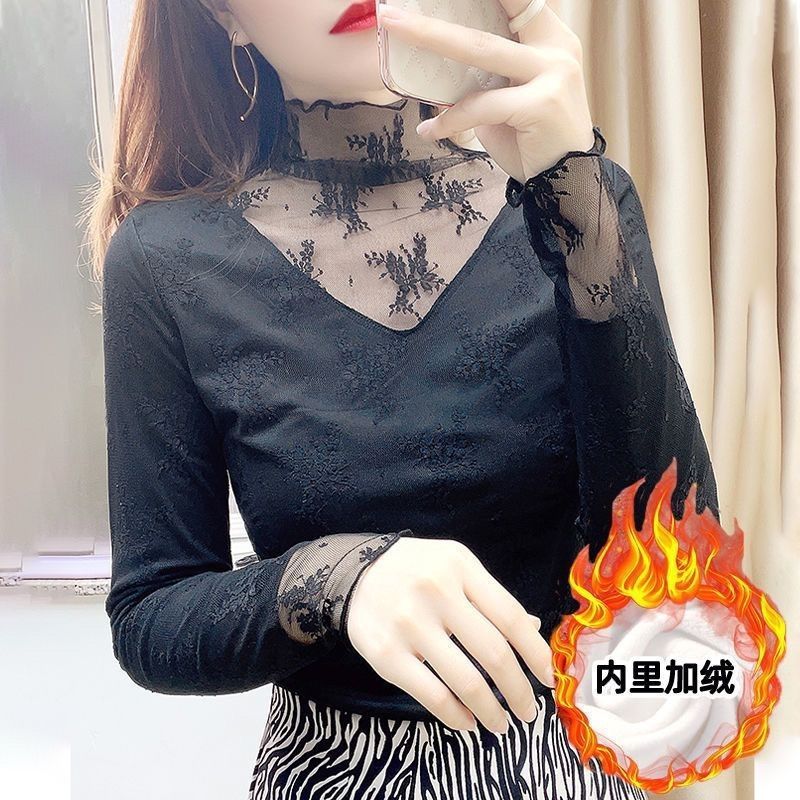 加绒高领蕾丝打底衫秋冬洋气厚款小衫毛衣内搭纱衣白色网纱上衣|undefined