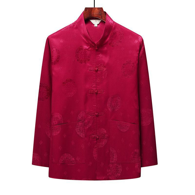 春秋中老年中国风长袖薄款冰丝宴会爸爸夏季唐装汉服婚宴红色礼服