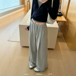 KAPOK秋季韩系简约风百搭显瘦设计感腰头松紧腰阔腿休闲裤女63037