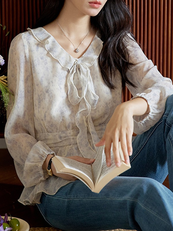 Moriioe 蓝色印花荷叶边绑带长袖衬衫女秋季复古收腰显瘦上衣|undefined