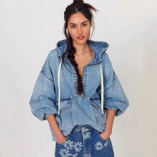 25 years Europe and the United States cross-border autumn new fashion loose casual wash hooded Denim long sleeve jacket 89140