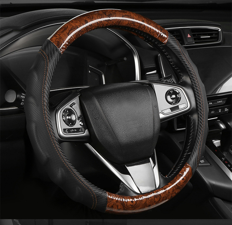 2026 New Model Peach Wood Grain Steering Wheel Cover, Universal for All Seasons, Carbon Fiber Spliced Leather Car Handle Cover, Foreign Trade Cross-Border