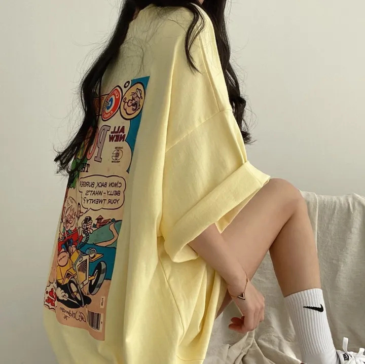 五分袖图案日本 T恤女100%含棉卡通短袖韩版oversize夏季宽松小众