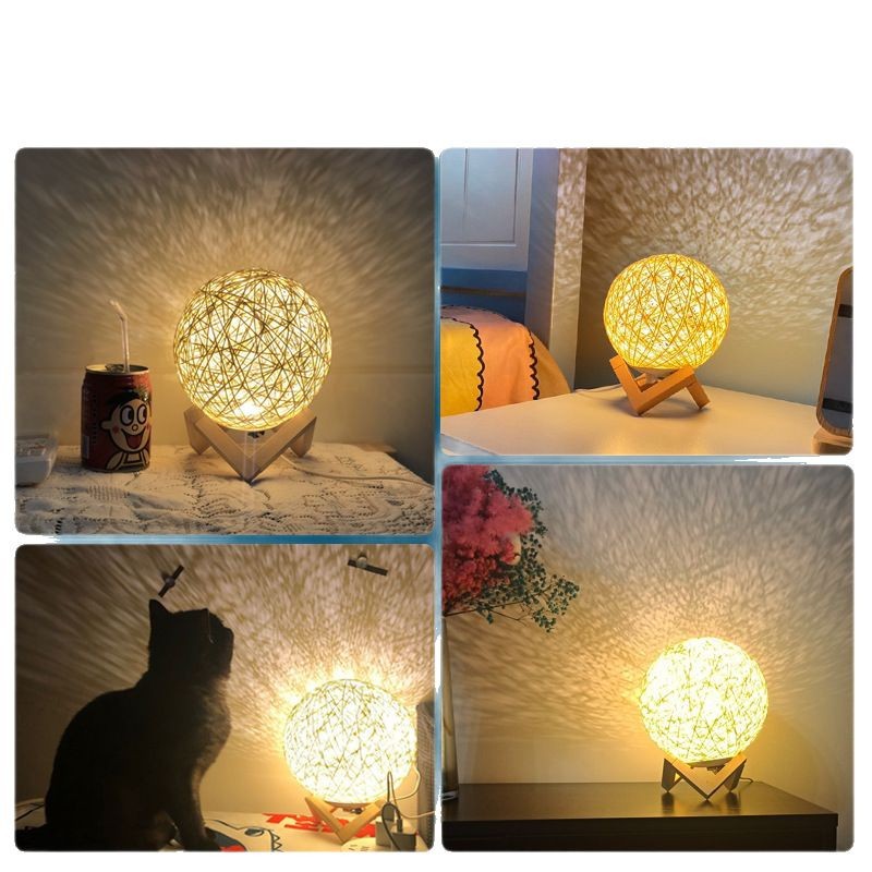 Lámpara de mesa sencilla Daguanyuan, lámpara de noche pequeña, luz nocturna creativa de estilo nórdico, romántica y decorativa, con bola de ratán, tamaño L