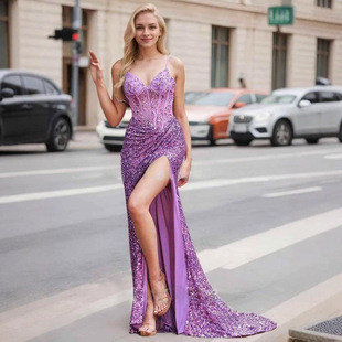 Aliexpress European and American Style Slim Long Slit Evening Dress for Parties and Social Gatherings, Fashionable and Elegant Gown