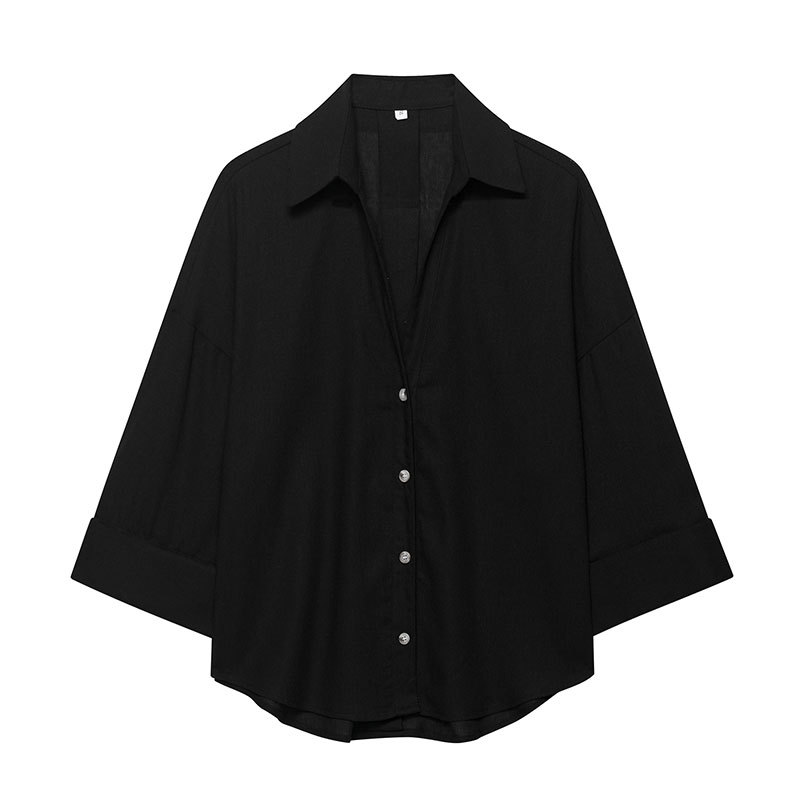 Striped Women's Blouse With Wide Sleeves And Turn-down Collar_voghion.com