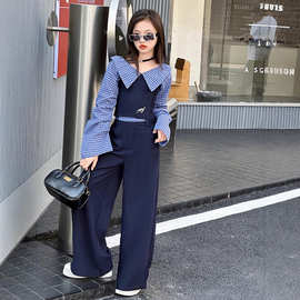 2025春秋新款女童格子拼接衬衫长袖上衣儿童休闲阔腿裤两件套潮