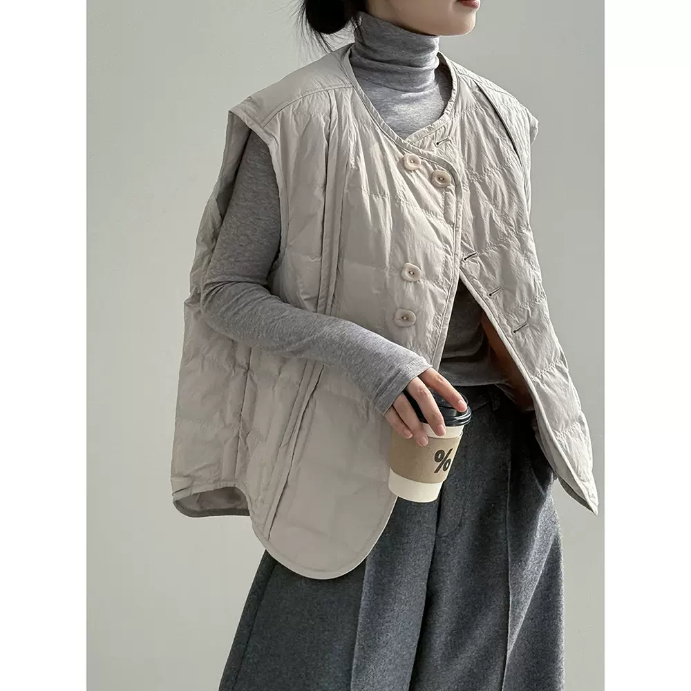 言双 新国标90白鸭绒羽绒马甲女 秋冬简约短款外套背心82633