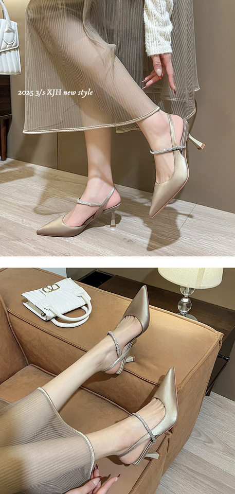 Sandal nữ bít mũi quai ngang đính đá, gót nhọn 6–8 cm — Màu kaki, Màu trắng be, Màu vàng nhạt chi tiết 13