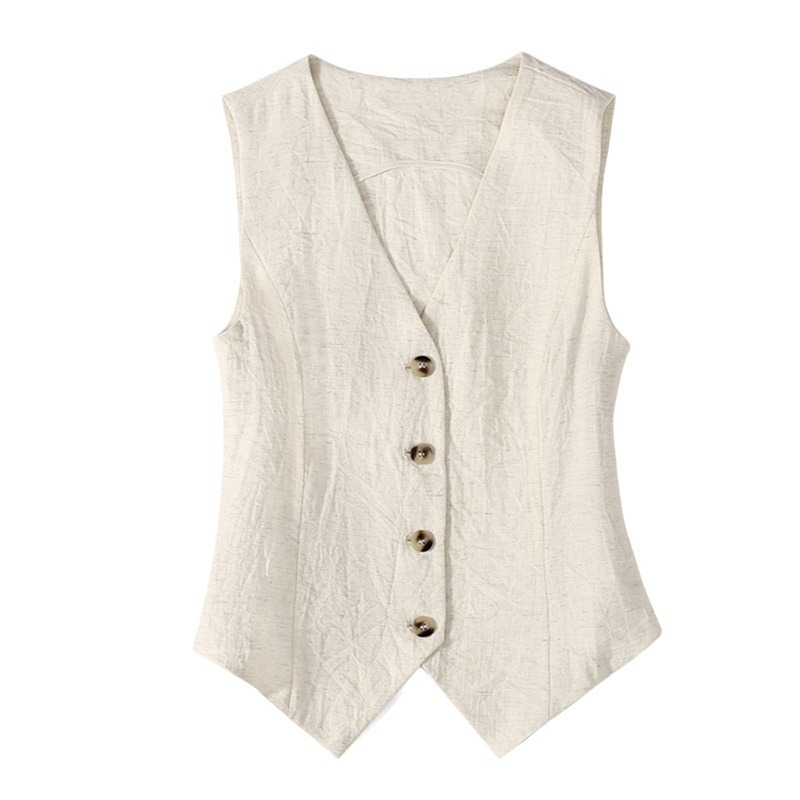 Linen vest, thin style, women's tank top, new summer style, high-end slim fit, short sleeveless suit, V-neck vest.