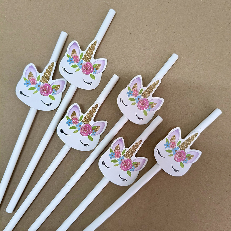 Decoración de fiesta de unicornio transfronterizo de papel arcoíris pajita desechable de cóctel degradable decoración de pastel