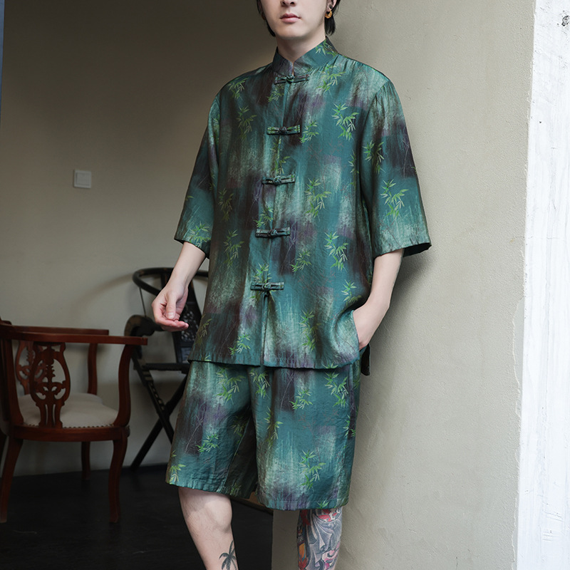 당나라 정장 정장 남성 여름 얼음 실크 속건성 비치 반바지 하와이 반팔 꽃 셔츠 중국 스타일 플러스 사이즈 남성 의류