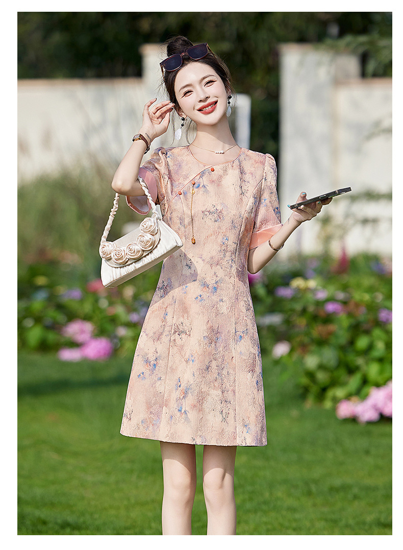 Váy sườn xám cải tiến phong cách Trung Quốc mới, thiết kế chữ A thanh lịch, mùa hè — Màu hồng, Màu xanh lá chi tiết 19