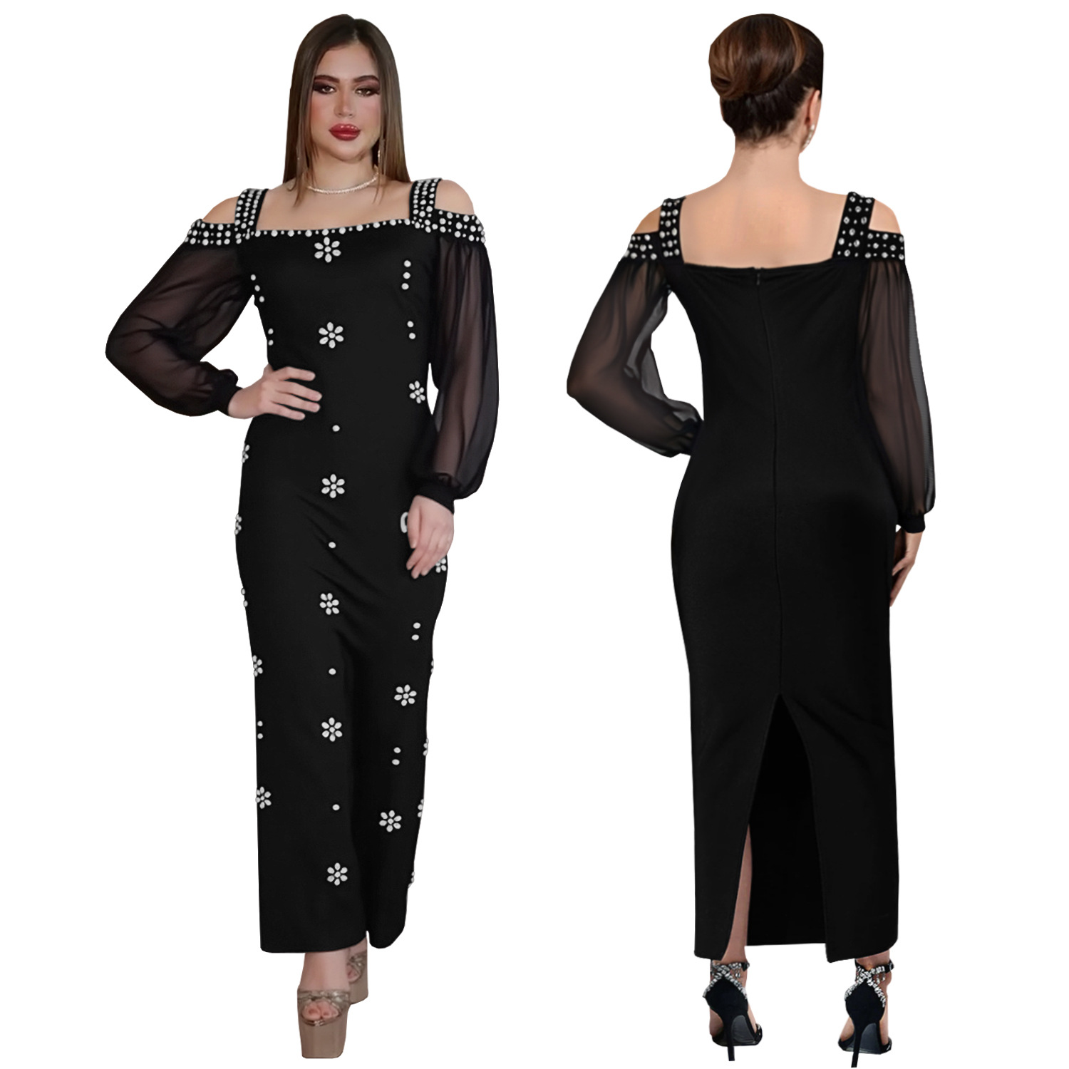 C7415 Cross-border AliExpress Amazon Ropa de mujer de moda europea y americana Elegante vestido delgado de malla de cuello cuadrado de diamantes calientes image 6