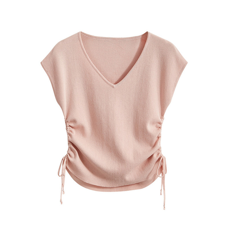 French-Style Ice Silk Knitwear for Women, Summer 2026 New Style, V-Neck Drawstring Slim Fit Thin T-Shirt, Short Sleeveless Top