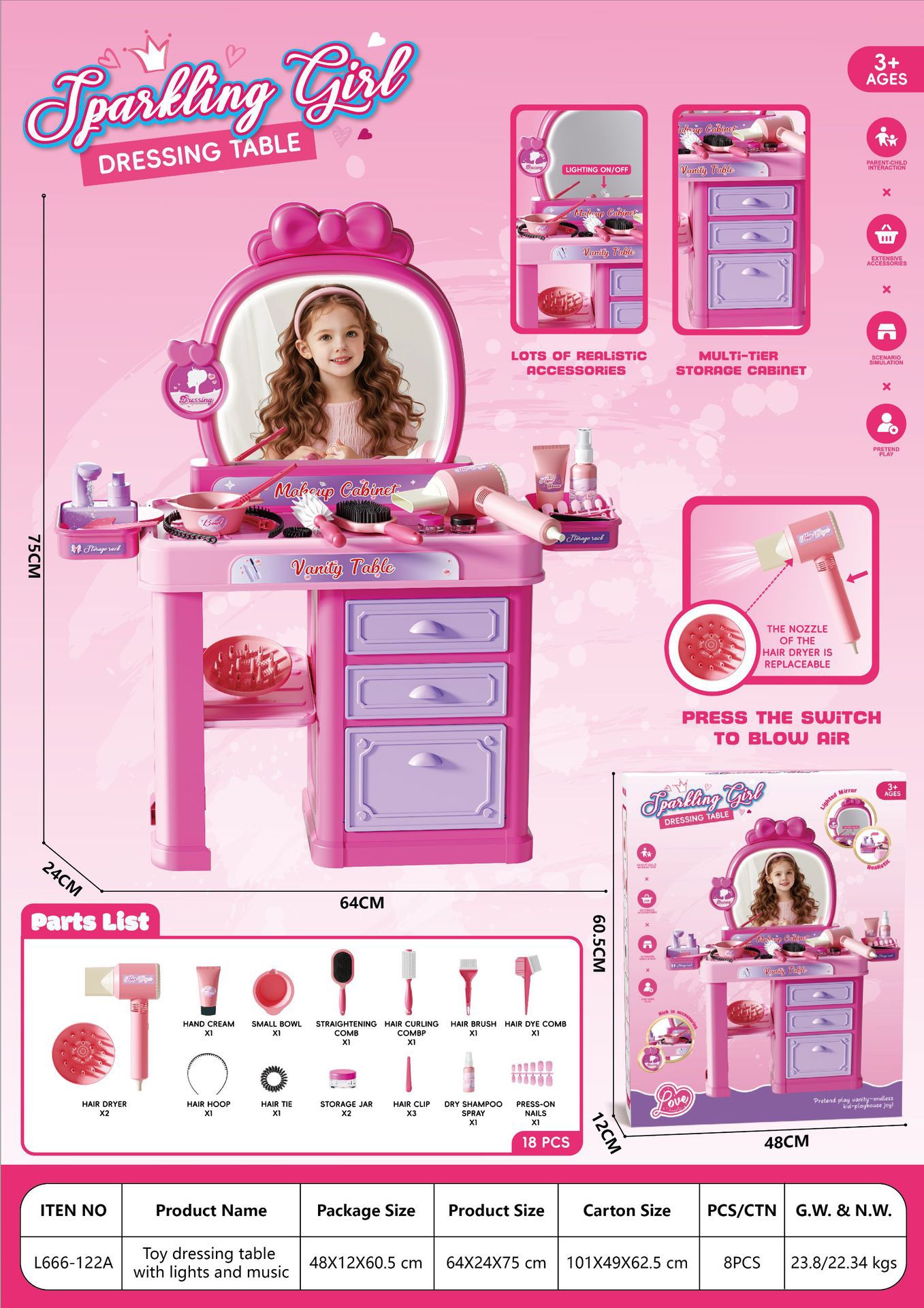 Comercio exterior infantil simulación de luces, música, princesa, joyas de maquillaje, tocador, secador de pelo, juguetes de mesa de maquillaje