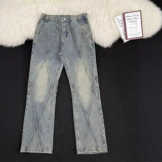 美式复古蓝解构微喇牛仔裤男春秋季穿搭ootd裤子潮牌痞帅直筒长裤