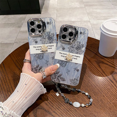 日韓標籤花朵適用iPhone15promax手機殼蘋果14支架13手鍊12女