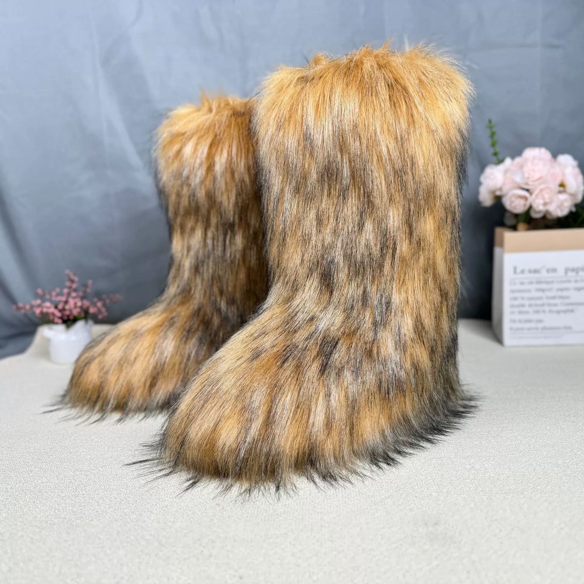 定制欧美冬季保暖舒适平底高筒防狐狸防貉子毛鞋女士毛毛雪地靴
