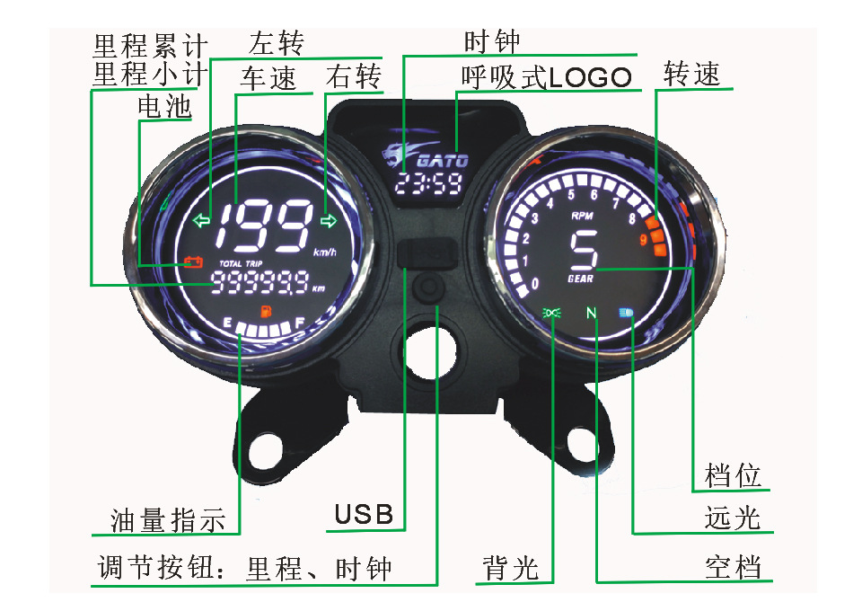 Gato 250Cc Prince Motorcycle Wh125-19 Digital Lcd Instrument Assembly USB Clock Speedometer Modification