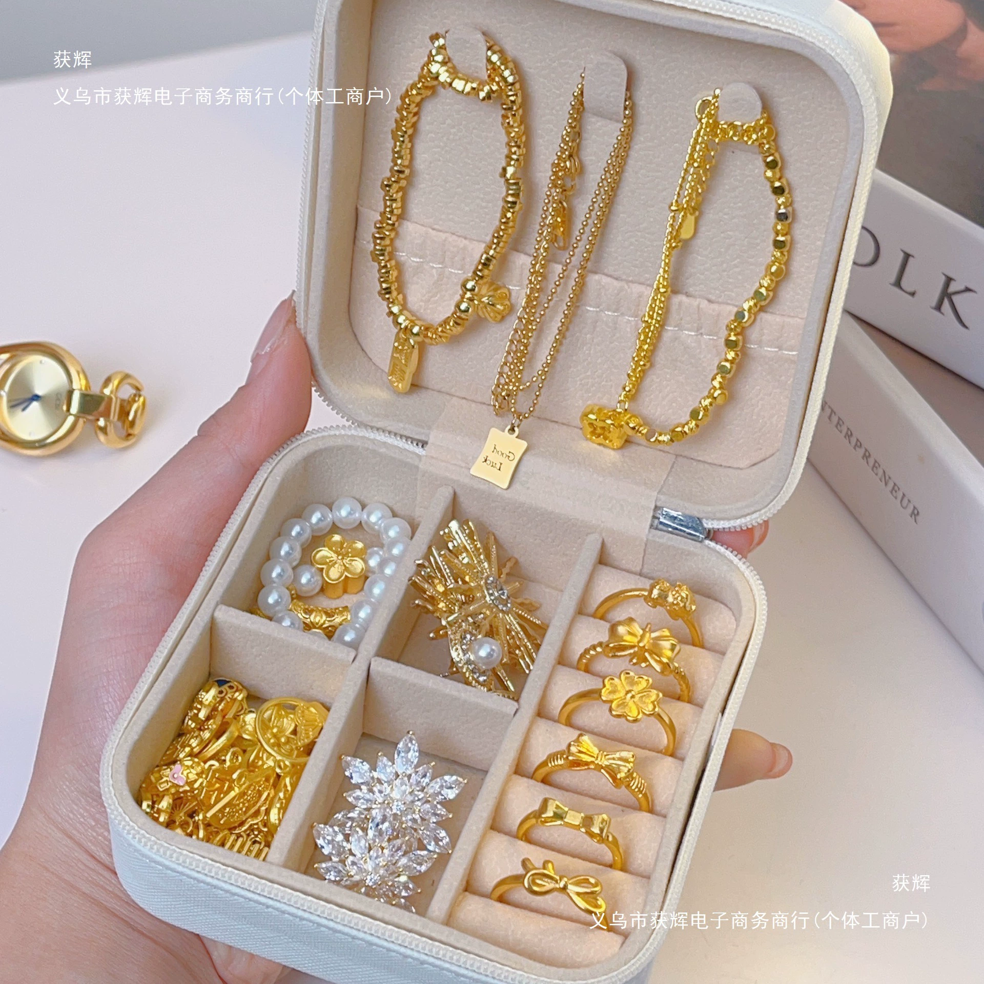 Handheld storage system, storage box, earrings, jewelry, accessory, necklace, small ring
