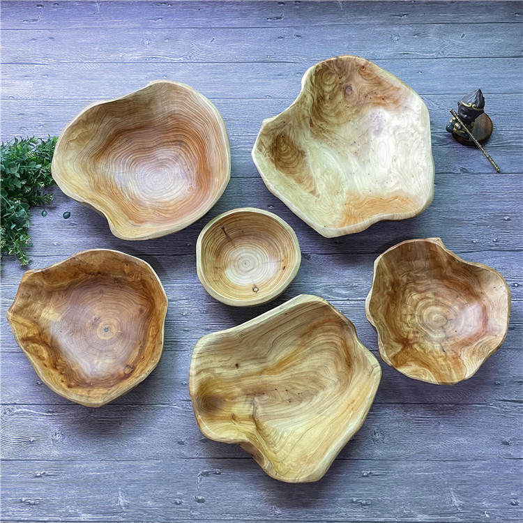 Fábrica al por mayor de raíz tallado de madera maciza plato de fruta frutero gran sala de estar creativo plato de fruta hotel restaurante plato de fruta tazón de madera