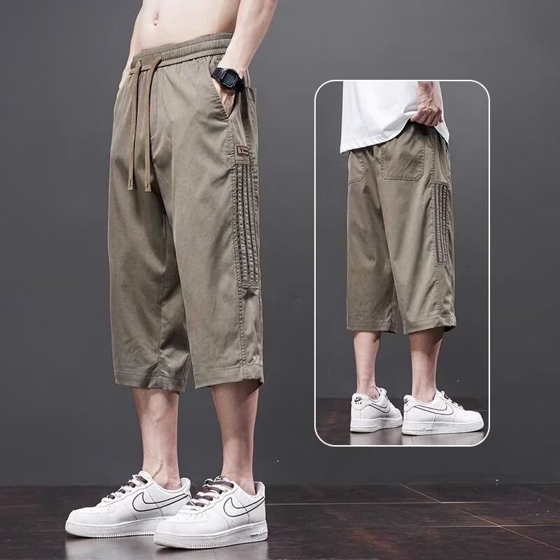 Men's Summer Thin Cropped Pants, Loose Straight Casual Pants, Breathable and Versatile Summer Universal Large Size Slightly Elastic Pants