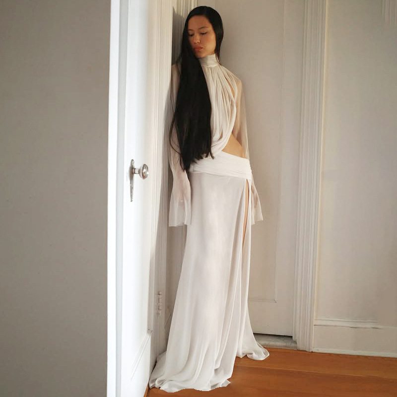 Women's Winter Fashion High Neck Bell Sleeve Top And Slit Long Skirt Set Sexy See Through European American Style New_voghion.com