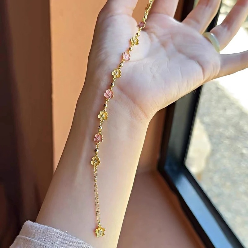Gold Enamel Peach Blossom Yellow Pink Bracelet for Women, Accessible Luxury Niche High-End Design Hand Jewelry Wholesale Live Broadcast