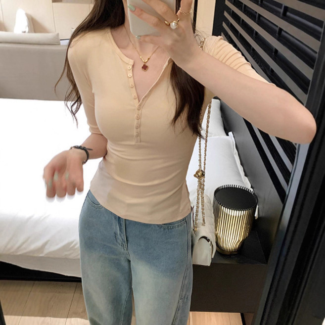 美式正肩V领紧身中袖t恤女2025夏季纯欲修身显瘦气质内搭辣妹上衣|undefined