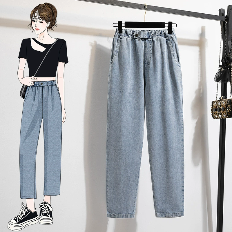 Настоящая фотография женских джинсовых брюк из тенселя с девятью точками в летнем тонком новом стиле, ультратонкие женские брюки большого размера, повседневные шаровары