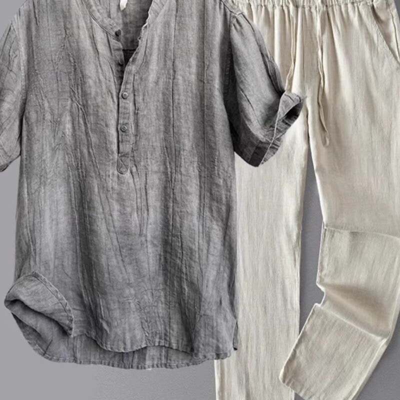 Chinese Style Linen Pajamas for Men, Summer Loose Short-Sleeved Long Pants Set, Men's Chinese-Style Cotton and Linen Home Wear