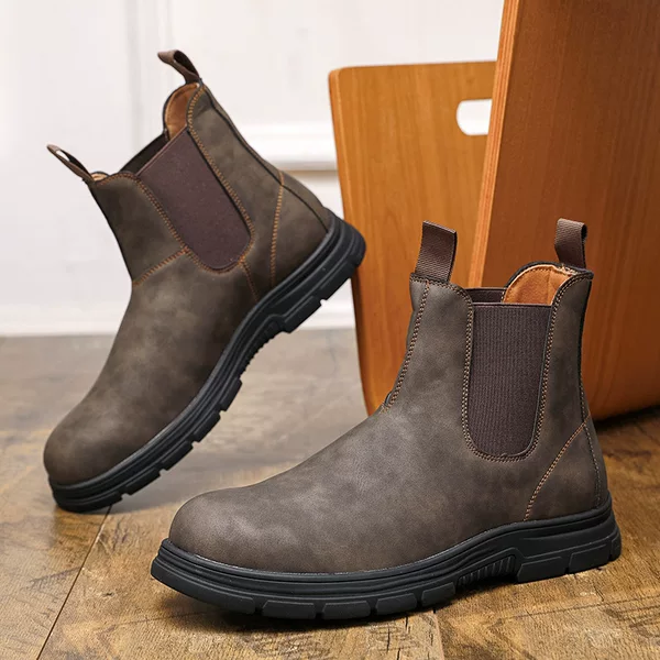 2025 New Quality Model 6585 Color-Blocked Unisex Chelsea Couple's Leather Boots for Men, Large Size 46 Slip-On Short Boots