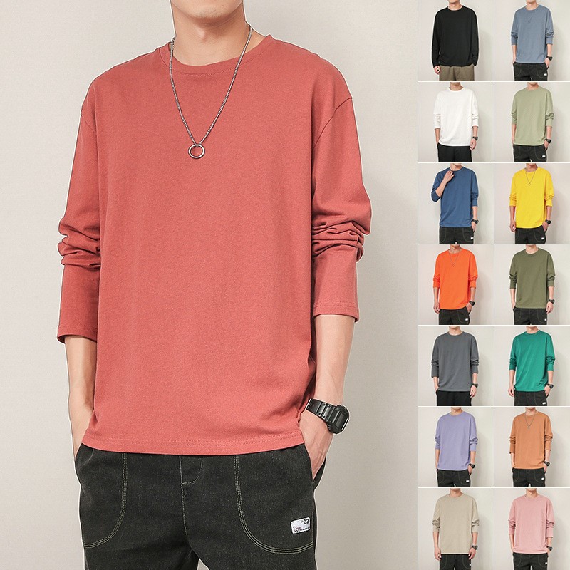 Men Solid T-shirt Round Neck Long Sleeve