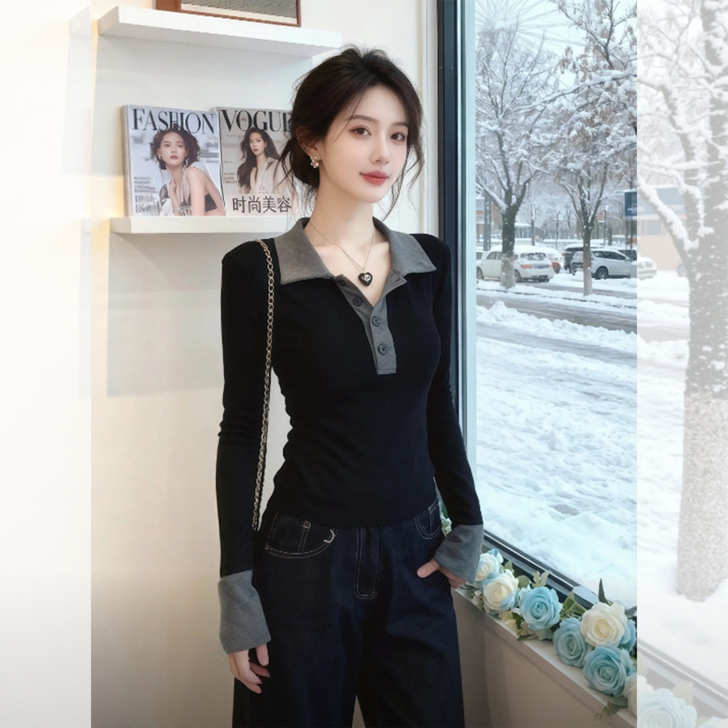 260g Rayon Ribbed Fabric】Black and Gray Polo Collar Slim-Fit Long-Sleeve T-Shirt for Women, Spring and Autumn High-End Top