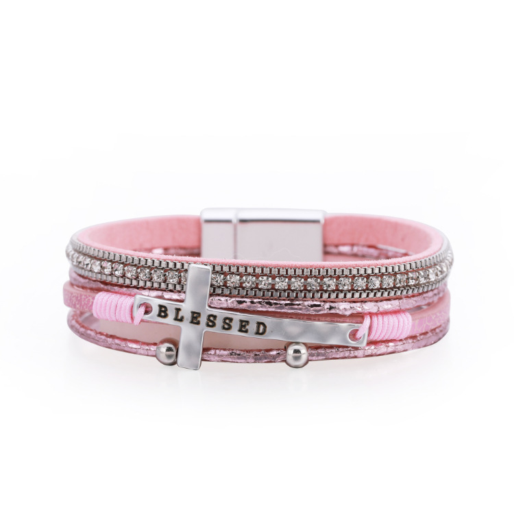 Fashion Cross Fine Diamond Leather Magnetic Buckle Multicolor Bracelet display picture 4