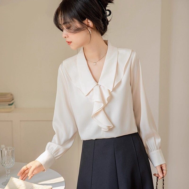 Spot French New Style Lotus Leaf Satin Shirt Long-Sleeved Temperament Commuting Professional Top Chic Spring and Autumn Shirt for Women