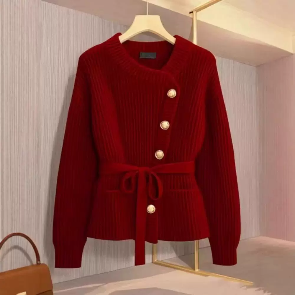 今年流行不规则纯色韩系腰带设计感小众超好看慵懒风针织毛衣上衣