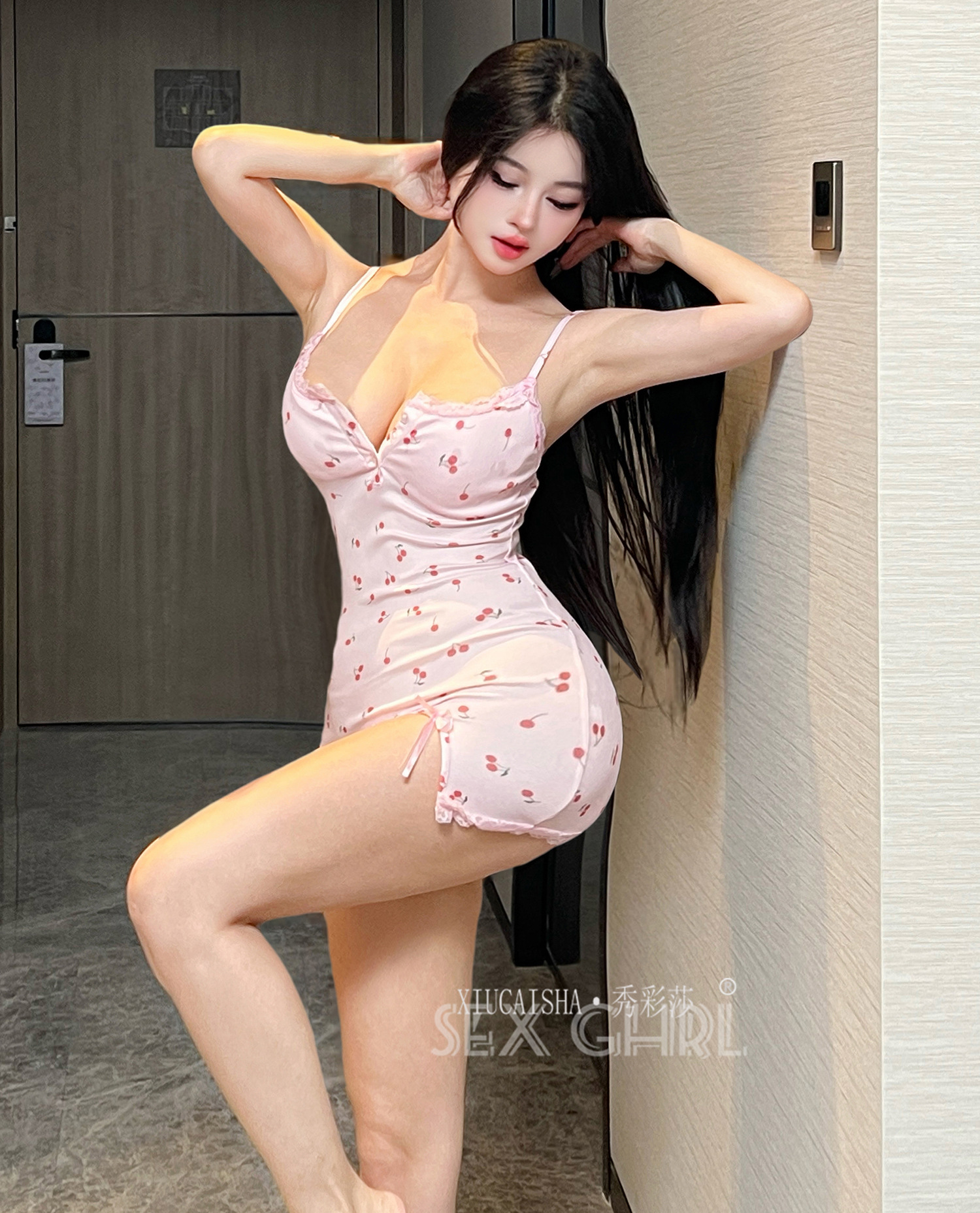 Xiucaisha Cherry Pink Deep V Babydoll Set with Thong and Lace Blindfold — detail image 8
