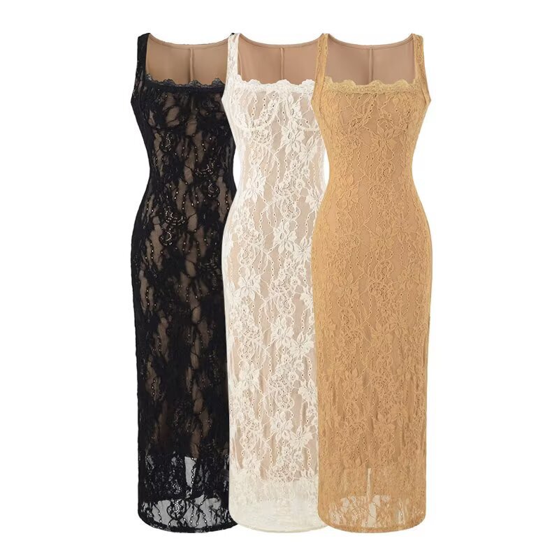 American Hot Girl Style Lace Dress for Women, 2026 Summer New Sexy Square Neck Slit Bodycon Long Dress
