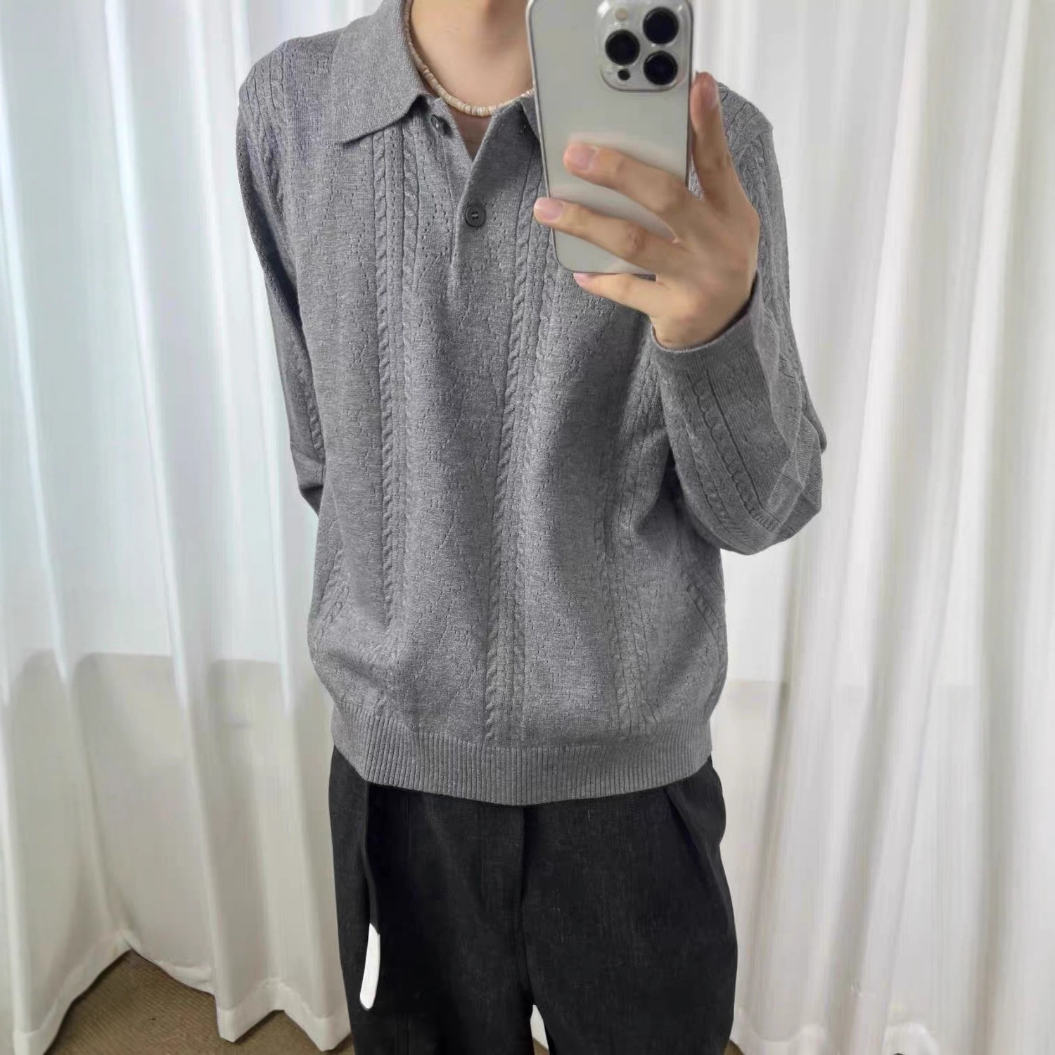 Camiseta de polo retro jacquard gris de punto de trigo hombre otoño viejo estilo de dinero con camiseta de manga larga de marca de moda